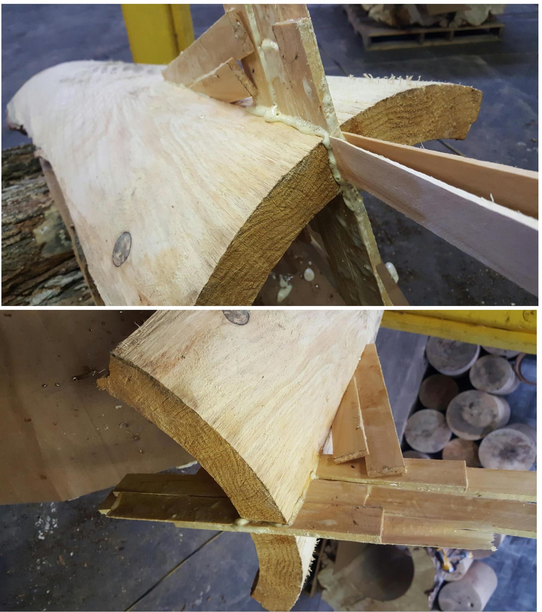 Two-panel view: foam applied and beginning to cure along the crack with wood splines visible; bottom shows the foam from a different angle with finished hollow logs in background